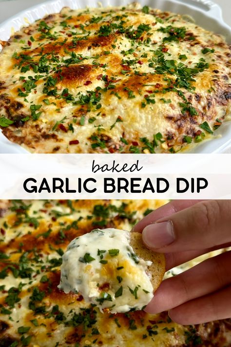 This cheesy baked garlic bread dip is loaded with roasted garlic and creamy cheeses- all the delicious flavors of garlic bread baked into a crowd-pleasing dip! Any recipe that begins with roasting garlic and shallots is guaranteed to be a hit and I love having simple recipes like this in my back pocket for when I need something quick and easy for an appetizer or snack! Easy Dip For Bread, Easy Baked Appetizers, Dips With Cheese, Roasted Garlic Cheesy Bread Dip, Baked Garlic Dip, Dips With Crusty Bread, Dip For Crostini, Garlic Bread Appetizer Appetizers, Dips To Eat With Sourdough