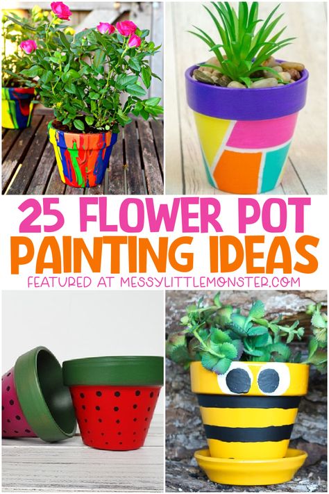 Toddler Flower Pot Painting, Preschool Flower Pot Crafts, Kids Flower Pot Painting, Kid Painted Flower Pot, Easy Clay Pot Painting Ideas, Flower Pot Painting Party, Handmade Flower Pot Diy Crafts, Kids Painted Flower Pots, Garden Pot Painting Ideas