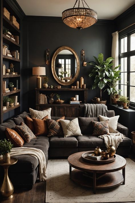 21 Dark Boho Living Room Ideas – The Dear Lab Home Decor Ideas For Grey Walls, Living Room With Neon Sign, Dark Style House, Black And Rustic Living Room, Cozy Apartment Aesthetic Living Room Dark, Dark Botanical Aesthetic Living Room, Dark Green Cozy Living Room, Cozy Goth Living Room, Living Room Contrast Wall