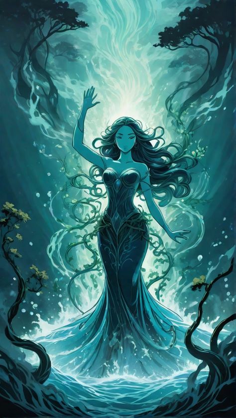 Elemental Goddess Art, Water Armor Female, Mermaid Green Aesthetic, Water Queen Art, Water Spirit Aesthetic, Amphitrite Goddess Art, Water Mage Female, Water Woman Art, Elements As Humans