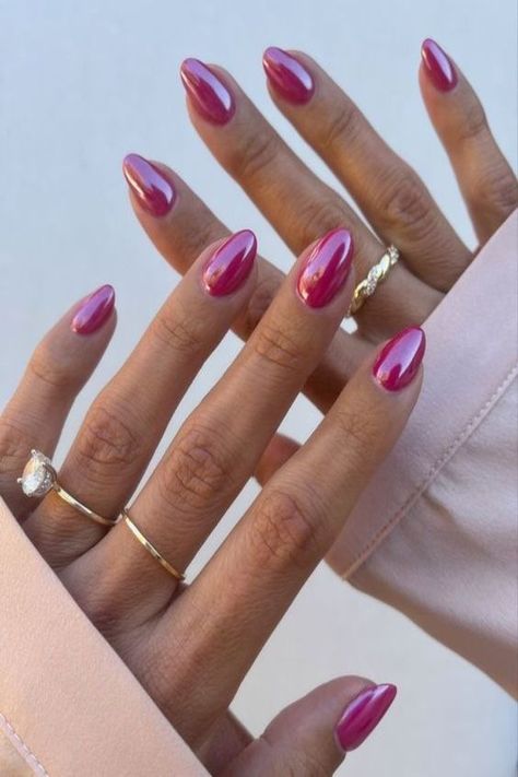 Magenta Chrome Nails, Rose Chrome Nails, Fake Acrylic Nails, Pink Chrome Nails, Chrome Nails Designs, Pink Chrome, Nail Shimmer, Her Nails, Pink Nail