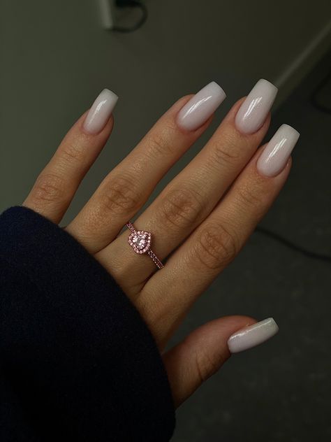 Square Acrylic White Nails, White Pinkish Nails, Off White Square Nails, Nails On Big Hands, Office Friendly Nails, Milky Nails Coffin, Milky Sparkle Nails, Square Nails Milky White, Square Milky Nails