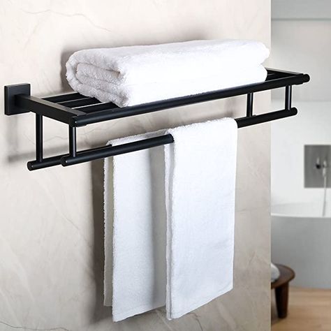 Amazon.com: Alise GZ8000-B Bathroom Lavatory Towel Rack Towel Shelf with Two Towel Bars Wall Mount Holder,24-Inch SUS 304 Stainless Steel Matte Black: Home & Kitchen Toallero Ideas, Wall Towel Racks, Mounted Towel Rack, Wall Mounted Towel Rack, Double Towel Bar, Towel Shelf, Geometric Elements, Black Towels, Bathroom Hardware Set