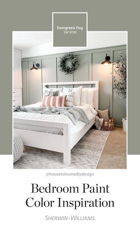 Farmhouse Paint Colors For Bedroom, Eventide Sherwin Williams Bedroom, Top Bedroom Paint Colors 2022, Ever Green Fog Sherwin Williams, Master Bedrooms With Accent Wall Paint, Sage Green Master Bed, Evergreen Fog Accent Wall Bedroom, White Bedroom With Accent Wall, Sw Evergreen Fog Bedroom