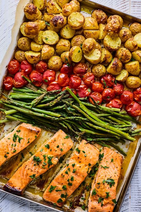 Sheetpan Salmon and Potatoes With Veggies | Olive & Mango Pan Baked Veggies, Salmon Veggies One Pan, Salmon Recipes With Vegetables, Salmon Veggie Bake, Salmon Asparagus Potatoes, Salmon And Roasted Potatoes, Healthy Food With Potatoes, Salmon And Potato Bake, Salmon And Potatoes Recipes