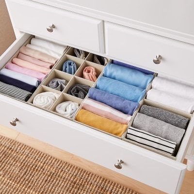 28� x 14� Linen Drawer Organization Solution, The Container Store ($60) Clothes Drawer Organization, Fold Clothes, Organizar Closet, Folded Clothes, Dresser Drawer Organization, Closet Organizer With Drawers, Clothes Drawer, Wardrobe Organisation, House Organisation