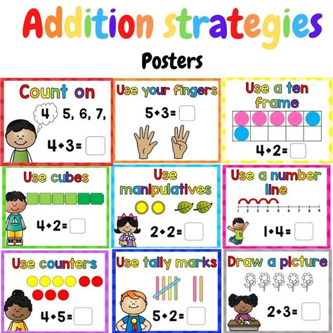 Addition strategies posters and flashcards

Help your child learn addition with these colorful posters and flashcards. The posters feature step-by-step instructions for different addition strategies, while the flashcards provide practice with different types of addition problems. These resources are perfect for helping your child develop strong addition Posters For Kindergarten, Math Strategies Posters, Math Word Wall, Math Folders, Addition Strategies, Math Wall, Math Posters, Math Word Walls, Addition Kindergarten