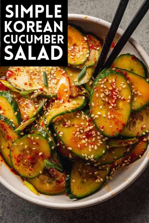 Spicy Korean Cucumber Salad Spicy Korean Cucumber Salad, Korean Cucumber Salad Recipe, Cucumber Korean, Pork Tenderloin Side Dishes, Korean Cucumber Side Dish, Spicy Korean Cucumber, Pork Tenderloin Sides, Simple Cucumber Salad, Spicy Fruit