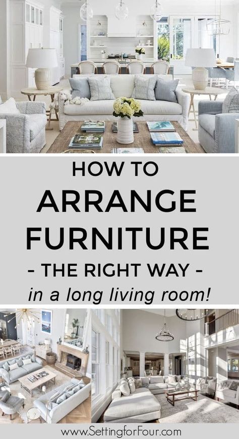 Open Concept Furniture Layout, Long Living Room Layout, How To Arrange Furniture, Large Living Room Layout, Long Narrow Living Room, Rectangle Living Room, Arrange Furniture, Rectangular Living Rooms, Sofa Layout