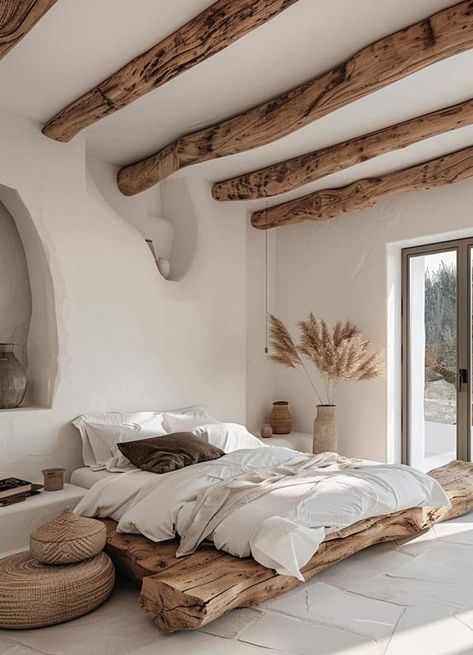 Rustic Chic Bedroom, Wabi Sabi Bedroom, Wabi Sabi Home Decor, Mediterranean Interior, Cozy Interior, Rustic Bedroom, Dream Home Design, 인테리어 디자인, Wall Decor Bedroom