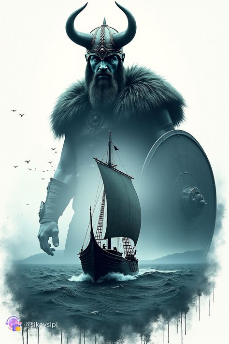 This stunning illustration features a powerful Viking warrior clad in armor with a horned helmet and a massive shield. In the foreground, a drakkar sails through the cold, churning sea. The intricate details, like the ocean spray, wild birds, and the warrior's mystical aura, evoke a sense of epic sagas and ancient strength. Perfect for lovers of Norse mythology and Viking history! #VikingArt #NorseMythology #EpicIllustration #DigitalArt #FantasyArt #Vikings #Mythology #Illustration Draugr Norse Mythology, Vikings Mythology, Viking Warrior Art, Mythology Illustration, Viking Warrior Men, Horned Helmet, Viking Pictures, Viking Warrior Tattoos, Pirate Ship Art