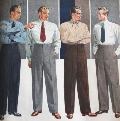 1943-1944 High waisted and pleated pants were worn during this time period. Collars on shirts were flat and men still wore oxfords.  (Allison G.) Mens Wide Leg Pants, 1940s Mens Fashion, 1950s Mens Fashion, Maltese Falcon, Look 80s, Divine Intervention, 1950s Mens, Diesel Punk, Vintage Mens Fashion