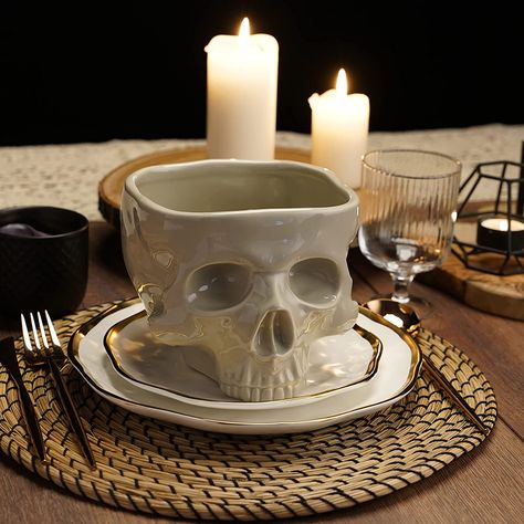 "Really lean into that creepy, scary, haunted vibe this year." Well well. what a glittering assemblage.. Perfect goth and alt home furnishings and decor 🕸️🕸️ #HalloweenForever Skull Bowl, Family Bar, Food Candy, Kitchen Christmas Gifts, Skeleton Head, Food Ornaments, Halloween Tableware, Halloween Kitchen, Ceramic Dinnerware