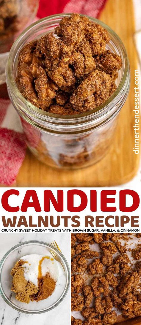 Candied Walnuts are crunchy and addicting with brown sugar, vanilla, and cinnamon coating. Great for holiday baking or as a snack! Sugar Walnuts Recipe, Sugared Nuts Recipe, Candied Walnuts For Salad, Candied Walnut Recipe, Chocolate Walnut Fudge, Glazed Walnuts, Homemade Balsamic Vinaigrette, Walnut Fudge, Cinnamon Candy