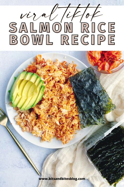 White Rice Salmon Bowl, Salmon Rice Bowl With Seaweed, Salmon Bowls With Seaweed, Salmon Emily Mariko, Salmon Rice Bowl Emily Mariko, Emily Salmon Bowl, Salmon And Sticky Rice, Salmon Rice Bowl Recipes Tiktok, Salmon Rice Seaweed Tiktok