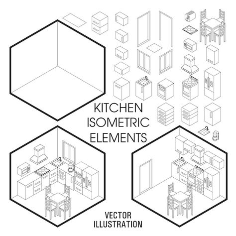 Isometric Furniture, Isometric Kitchen, Kitchen Icon, Isometric Drawing, Paper Layout, City Vector, Interior Design Sketches, Isometric Design, Isometric Illustration