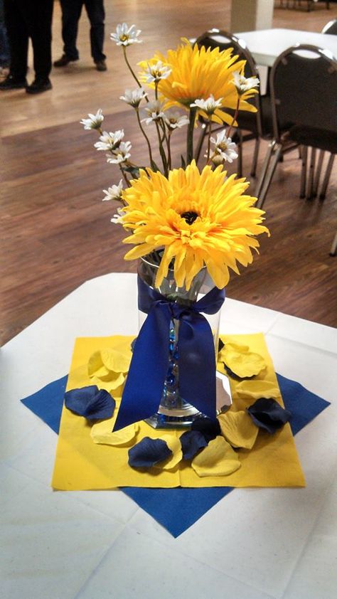 Wedding reception table centerpiece I made - 2013 Navy And Yellow Party Decor, Blue And Yellow Mason Jar Centerpieces, Blue And Yellow Party Ideas, Blue And Yellow Centerpieces Graduation, Family Reunion Centerpiece Ideas Table Decorations, Yellow And Blue Party Decorations, Blue And Yellow Table Decorations, Blue And Gold Graduation Party Ideas, Ffa Decorations