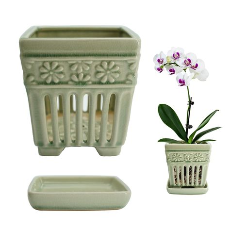 PRICES MAY VARY. [ Premium Quality ] Orchid pots are made of high quality clay, fired 2 times at low and medium high temperatures.It's strong and durable and won't crack on its own when there's no pressure or impact. Note: The glaze on the bottom of the planter pot is not intact because of the handmade process, this is normal for ceramic planters, this will not cause seepage, cracking. Please feel free to use it. [ Size & More Choise ] Orchid pot size: Outer diameter: 5.28 inches; Inner diameter Ceramic Orchid, Orchid Pots, Green Patio, Orchid Roots, Orchid Planters, Slab Ceramics, Orchid Pot, Unique Planter, Ceramic Flower Pots