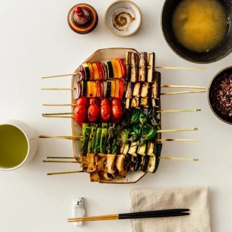 Yakitori Recipe, Yakitori Skewers, Yakitori Chicken, Grilled Vegetable Skewers, Fried Udon, Vegetable Skewers, Vegetable Plate, Spicy Noodles, Asian Grocery