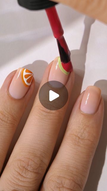 Orange Slice Nail Art, Natural Nail Nail Art, Easy Fruit Nails, Fruits Nail Art, Fruit Salad Nails, Square Nails Colorful, Short Fruit Nails, Summer Nails Strawberry, Cute Fruit Nails