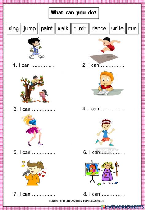 Kindergarten Grammar Activities, Kg3 Worksheets English, Kg3 English Worksheets, I Can Activities For Kindergarten, Preschool English Worksheet, I Can Worksheet For Kids, Verbs Worksheet For Kindergarten, Kg2 English Worksheets, I Can I Can't Worksheet For Kids