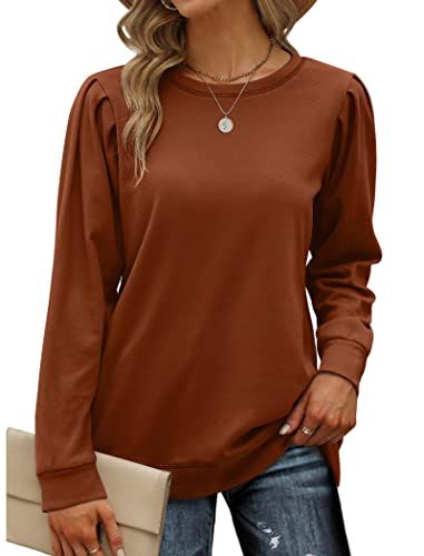 Geifa Sweatshirts for Women Crewneck Puff Sleeve Tunic Tops Lightweight Sweaters Fashion 2023 Brown Crewneck, Women Fall Tops, Womens Black Sweater, Trims Fashion, Lightweight Sweaters, Pullover Mode, Sweatshirts For Women, Shirt Tunic Top, Casual Long Sleeve Shirts