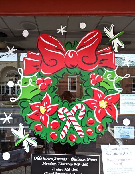 Christmas Window Painting - The Sketching Pad Retail Window Painting Ideas, Drawings On Windows Christmas, Festive Window Painting, Painted Window Christmas, Window Cristhmas Drawing, Office Window Christmas Decor Ideas, Gnome Window Painting, Cute Christmas Window Paintings, Christmas Window Marker Ideas