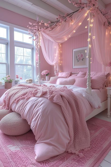 Dream Bedroom Pink Aesthetic, Pink Glam Room Ideas, Girly Pink Bedroom Aesthetic, Pink Bed Frame Bedroom Ideas, Princess Room Ideas For Women, Cute Bedroom Ideas Pink, Baby Pink Room Aesthetic, Pink Bedding Room Ideas, Pink Teen Room