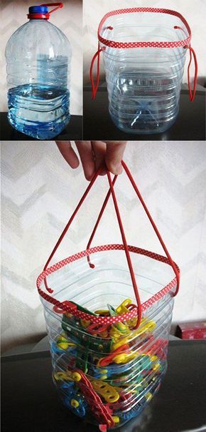 Clothes pins bag from plastic bottles  - love this idea for turning some of those Costco jugs into storage for any number of things! Recycler Diy, Plastik Recycling, Upcycle Hacks, Empty Plastic Bottles, Reuse Plastic Bottles, Clothespin Bag, Plastic Bottle Art, Diy Plastic Bottle, Plastic Bottle Crafts