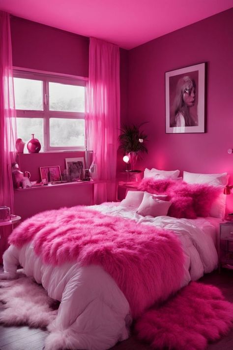 A cozy bedroom adorned with pink boho-inspired decor, providing inspiration for creating a serene and stylish bohemian retreat in your living space. #PinkBohoBedroom #BohemianDecor #SereneEscape Hot Pink Boho Bedroom, Hot Pink Room Aesthetic, Hot Pink Bedroom Ideas, Diva Bedroom Ideas, Pink Boho Bedroom Ideas, Bedroom Interior Aesthetic, Magenta Bedrooms, False Ceiling Design Bedroom, Bedroom Playlist