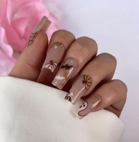 Fall Boujie Nails, Nails Design For Fall Autumn, October Nails Ballerina, Cute Fall Nails Orange And Brown, Fall Gel Nails Designs Leaves, Pumpkin Nails Almond Shape, Pumpkin Nail Designs Acrylic, Autumn Coffin Acrylic Nails, Brown Nails Fall Art Designs