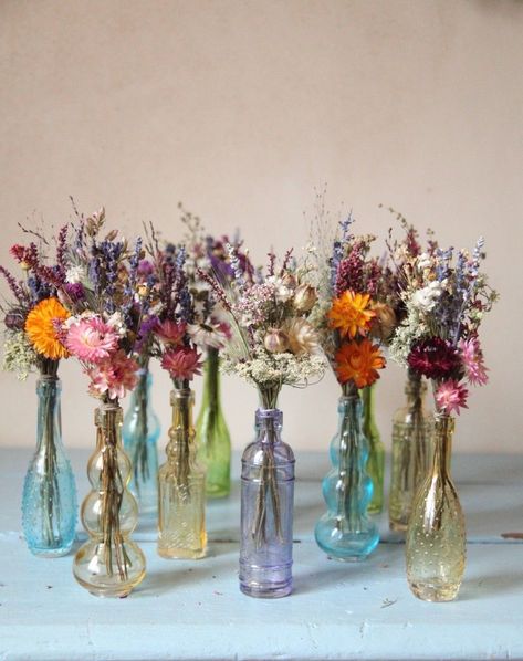 Dried Flowers In Bottles Wedding, Vintage Glass Vases Wedding, Glass Jar With Flower, Thrifted Glass Wedding, Dried Colorful Flowers, Glass Bottles With Flowers, Dried Floral Decor Wedding, Glass Bottle Flowers, Miniature Dried Flower Bouquet