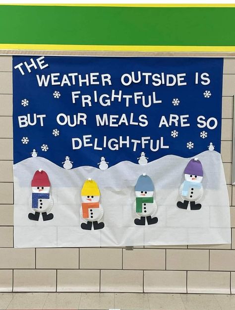 Cafeteria Board Ideas, Christmas School Cafeteria Decorations, Christmas Bulletin Boards For School Cafeteria, School Cafeteria Halloween Decorations, Thanksgiving Cafeteria Bulletin Boards, Halloween Cafeteria Bulletin Boards, Winter Cafeteria Bulletin Boards, Lunch Lady Door Decorations, Cafeteria Bulletin Board Ideas Food