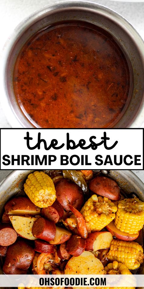 Text reads the best shrimp boil sauce Keto Shrimp Boil Recipe, Seafood Boil For Two, Crab Boil Recipe Easy, Quick Seafood Boil, Steampots Seafood, Cajun Crab Boil Sauce, Small Shrimp Boil, One Pot Seafood Boil, Captains Boil Sauce Recipe