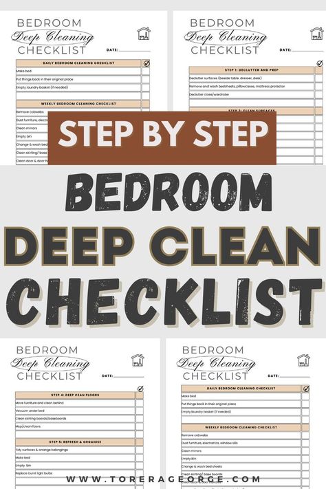 Who knew cleaning your bedroom could be SO EASY? This deep cleaning bedroom checklist is a game-changer! Bedroom Deep Clean Checklist, Bedroom Cleaning Schedule, Deep Clean Bedroom Checklist, Deep Clean Your Room, Clean Bedroom Checklist, Step Bedroom, Deep Cleaning Bedroom Checklist, Bedroom Deep Clean, Cleaning Bedroom Checklist