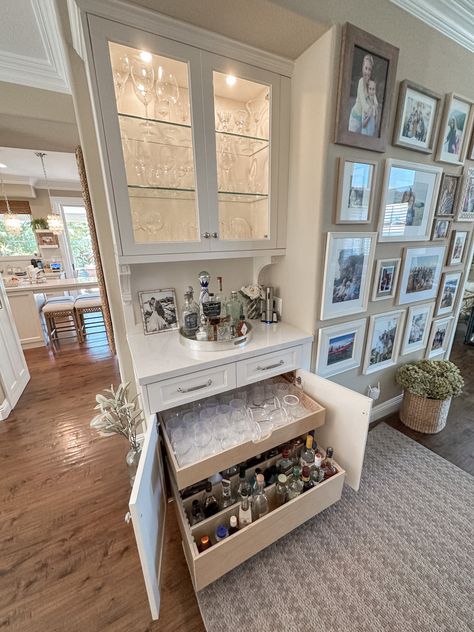 Upper Cabinets In Dining Room, Liquor Cabinet Storage, Bar In Entryway, Built In Buffet Cabinet With Wine Fridge, Built In Wine Glass Cabinet, Built In With Cabinets And Shelves, Small Built In Wine Bar, Pantry With China Cabinet, Bar Cabinet Drawer Ideas