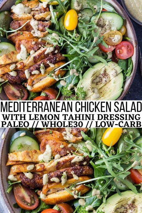 Lemon Herb Tahini Dressing, Roasted Veg Salad, Whole 30 Salads, Mediterranean Chicken Salad, Tahini Chicken, Chicken Mediterranean, Roasted Chicken Salad, Tahini Salad Dressing, Keto Dinner Recipe