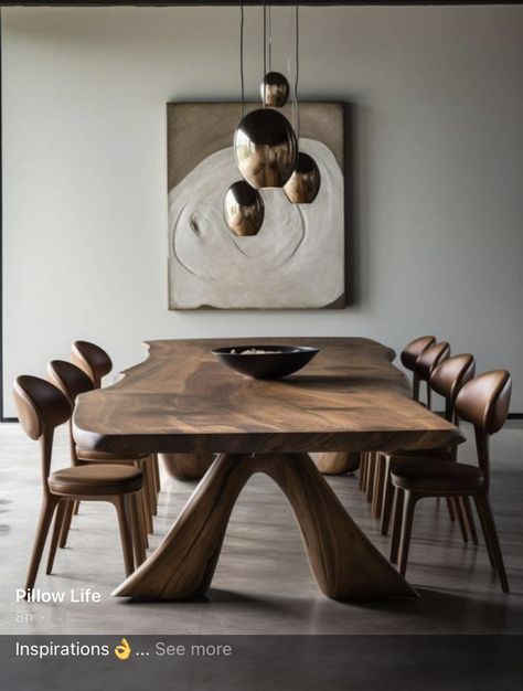 Rustic Modern Dining Room Table, Contemporary Dining Table Wood, Black Dining Table Walnut Chairs, Modern Minimalist Dining Room Table, Rustic Scandinavian Dining Room, Organic Minimalism Interior Design, Walnut Dining Table Modern, Modern Dining Table Design Ideas, Wood Dining Table Design Modern