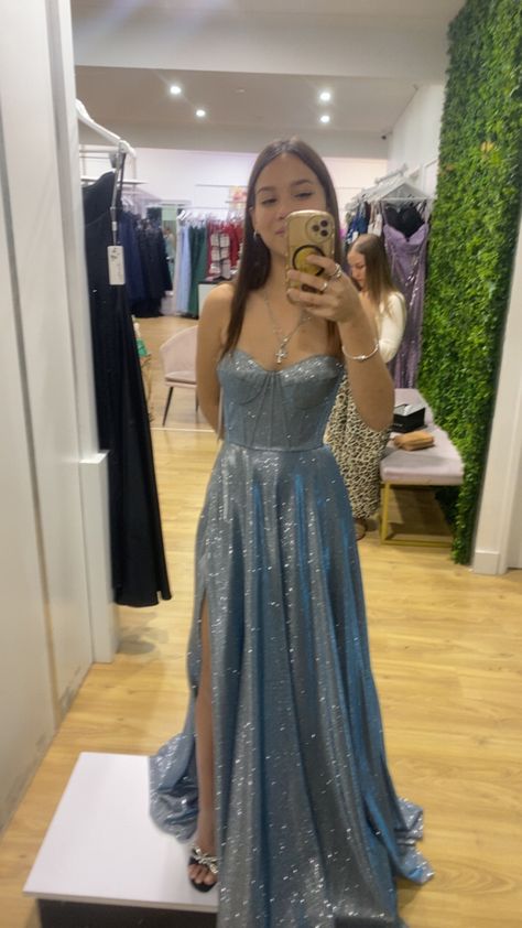 Prom Dresses Year 11, Formal Dresses Corset Top, Prom Dress Silver Sparkle, Silver Blue Prom Dress, Prom Dresses For Blonde Hair, Under The Stars Prom Dress, Blue Glittery Prom Dress, Corset Graduation Dress, Formal Dress For Graduation