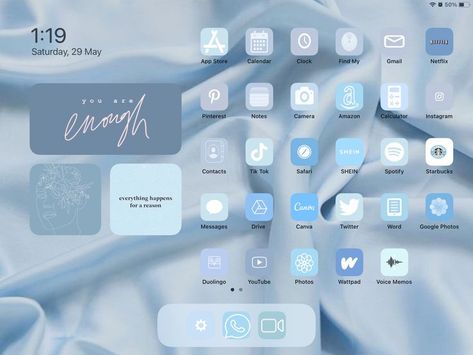 Blue Ipad Asthetic, Aesthetic Ipad Setup Blue, Ipad Asthetic Homescreen, I Pad Home Screen, Decorate Ipad, Ipad Set Up Ideas Homescreen, Iphone Icones, Widgets Theme, Best Free Ipad Apps