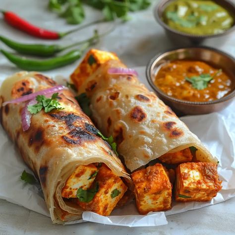 The spicy paneer (Indian cottage cheese) inside a soft roti (Indian flatbread) makes for a tasty Paneer Kathi Roll, which is a famous street food in India. These rolls are not only very tasty, but they're also easy to make and filling for a quick meal or snack. It's sure that Paneer Kathi Rolls will impress your taste buds and make you happy with their mix of tastes and textures. Essen, Tasty But Healthy Recipes, Orange Food Recipes, Indian Food Breakfast, New Indian Recipes, Tasty Indian Food, Tasty Spicy Food, Paneer Kathi Roll Recipe, Paneer Aesthetic