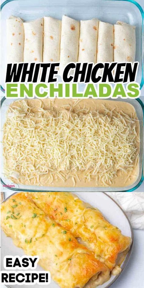 Creamy White Chicken Enchiladas. Flour tortillas stuffed withy cheesy chicken and topped with a creamy white sauce and shredded cheese. The perfect easy Mexican dinner recipe. Chicken Enchiladas Flour Tortillas, Enchiladas Flour Tortillas, Easy Mexican Dinner, Creamy White Chicken Enchiladas, Soft Tortillas, Easy Chicken Enchilada Recipe, Creamy White Sauce, White Chicken Enchiladas, Enchilada Recipe