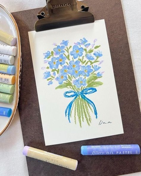 Drawing Ideas Of Flowers, Drawing Flowers Instagram, Flowers Pastel Drawing, Crayon Flowers Drawing, Marker Art Flowers, Flower Pastel Drawing, Postcard Art Ideas, Blue Drawing Ideas, Drawings With Crayons