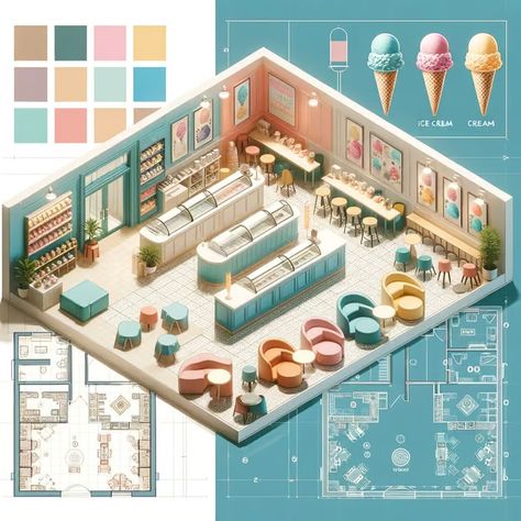 Ice Cream Store and Head Office Floor Plan Design Office Floor Plan Design, Pastry Shop Interior, Cafe Floor Plan, Ice Cream Store, Restaurant Game, Office Floor Plan, Shabby Chic Theme, Candy Display, Ice Cream Design