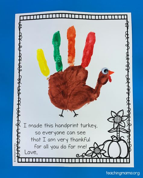 turkey handprint project Turkey Craft Handprint, Thankful Turkey Handprint, What I Am Thankful For Craft, Turkey Pre K Crafts, Hand Turkeys Craft, What Am I Thankful For Craft, Low Prep Thanksgiving Crafts, Turkey Hand Prints Kids, Kids Hand Turkey Crafts