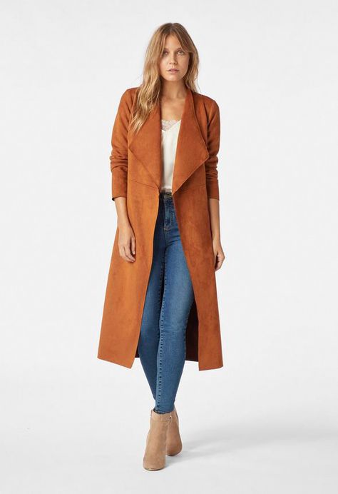 Faux Suede Drape Coat in ROASTED PECAN - Get great deals at JustFab Suede Jacket Outfit, Long Suede Coat, Draped Coat, Suede Outfit, Faux Suede Vest, Style Sheet, Faux Suede Dress, Faux Suede Jacket, Suede Coat