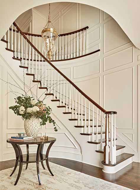 Hall/Foyer - Transitional - Entry - Other - by Woodbridge Furniture, LLC | Houzz Grand Foyer Ideas Entryway, Curved Staircase Foyer, Staircase Molding, Foyer With Stairs, Traditional Foyer, Foyer Ideas Entryway, Transitional Staircase, Foyer Stairs, Entryway Stairs