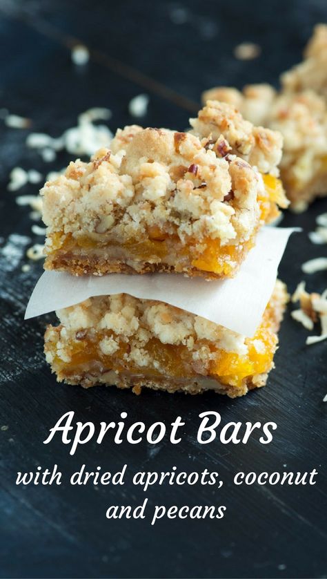 You don’t have to wait for apricot season to enjoy sweet apricots.  Apricot Bars with dried apricots are covered in a mouthwatering buttery shortbread crust of coconut and pecans. |butterandbaggage.com Apricot Bars Recipe, Summer Dessert Table, Apricot Bars, Apricot Recipes, Dum Dums, Buttery Shortbread, Shortbread Bars, Shortbread Crust, British Baking