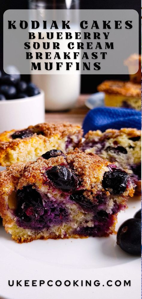 Indulge in whole grain Kodiak Cakes Blueberry Sour Cream Breakfast Muffins bursting with juicy blueberries. Packed with wholesome ingredients like Kodiak Cakes mix and tangy sour cream, these muffins are a nutritious way to start your day. Bake a batch for a delicious breakfast or snack that's sure to satisfy your cravings while keeping you fueled! Sour Cream Breakfast, Muffin Mix Recipe, Kodiak Cakes Recipe, Mixed Berry Muffins, Blueberry Cake Mix, Blueberry Muffin Mix, Healthy Breakfast Muffins, Berry Muffins, Kodiak Cakes