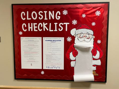 Santa closing bulletin board for RA housing residence life Tik Tok Bulletin Board Ideas, December Bulletin Boards College, Closing Board Ra, Winter Ra Boards Ra Bulletins, Christmas Bulletin Board Ideas Ra, Christmas Ra Bulletin Board Ideas, Closing Bulletin Board, December Ra Boards, Christmas Ra Board